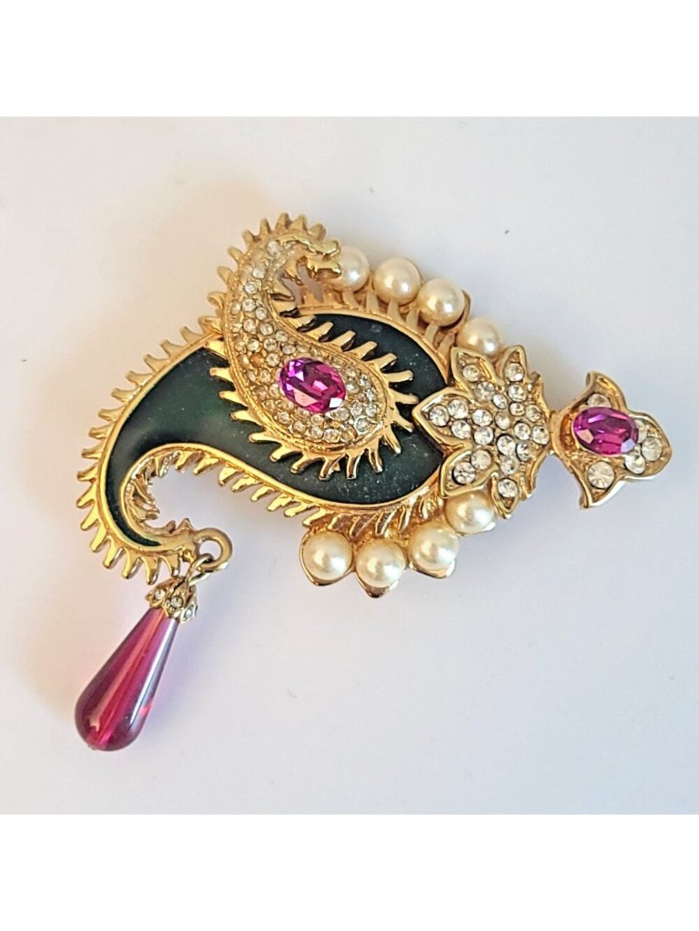Vintage KJL Kenneth Jay Lane Paisley Pearl Pink Green Enamel Dangle Brooch Pin
